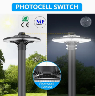 एलईडी गार्डन लाइट एडजस्टेबल 150W IP65 बिल्ट-इन वाटरप्रूफ 130lm/W गोल काला आंगन पार्क यार्ड पोस्ट टॉप